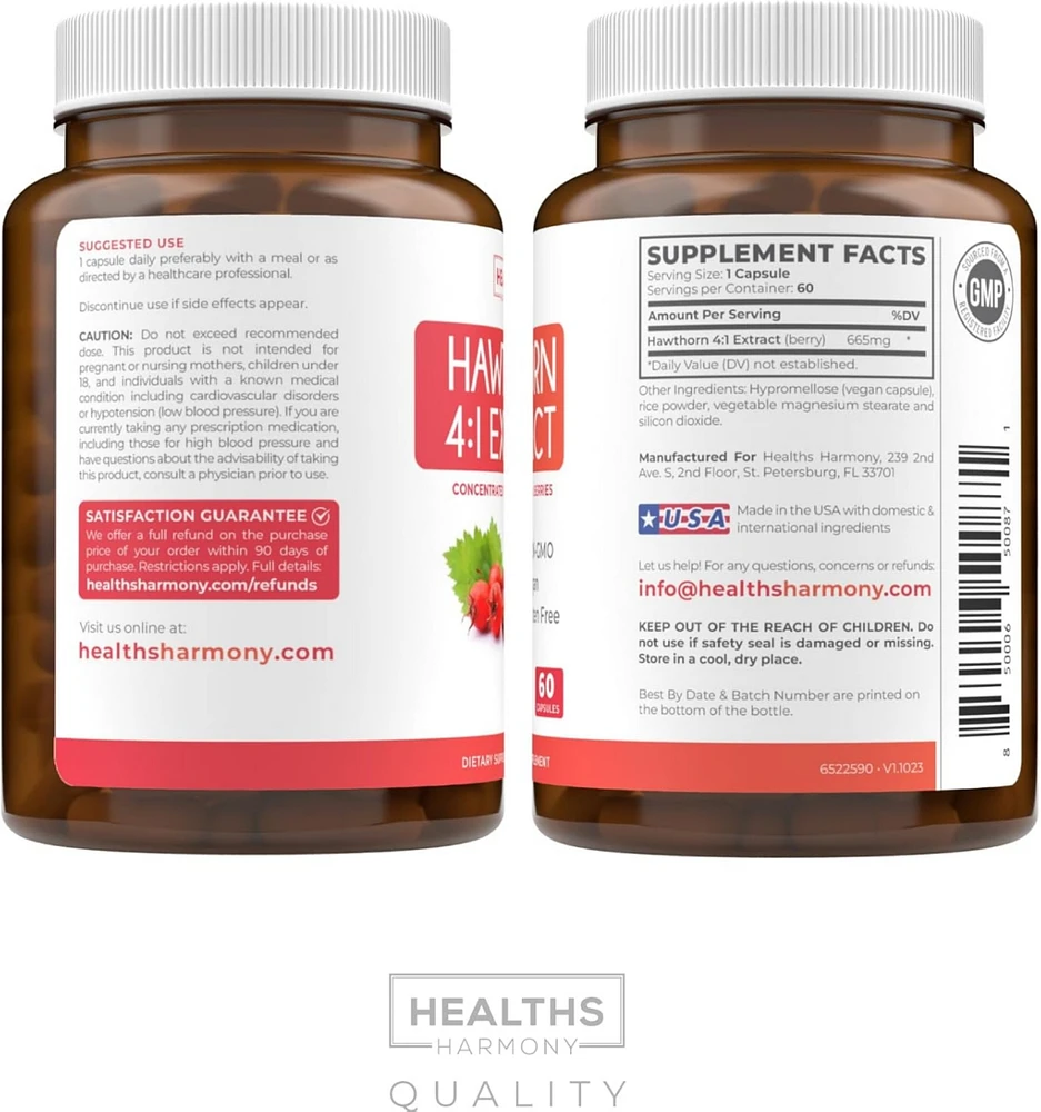 Healths Harmony Hawthorn Berry Capsules, Cardiovascular and Immune Health, 4:1 Extract, Health's Harmony