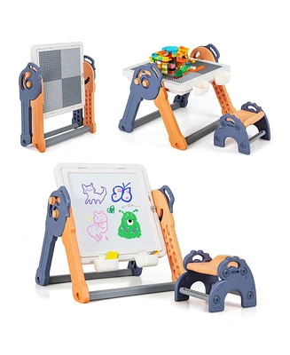 6-in-1 Multi-activity Kids Play Table & Chair Set with 102 Pcs Compatible Bricks