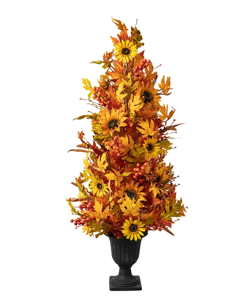 Glitzhome 48"H Fall Lighted Maple Leaf and Sunflower Urn Porch Tree with Timer