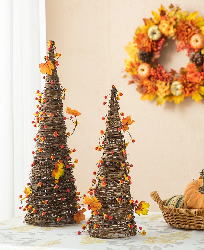 Glitzhome 24"H Set of 2 Fall Rattan Berries and Maple Leaves Table Tree