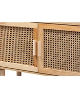 Baxton Studio Faulkner Mid-Century Modern Natural Brown Finished Wood and Rattan 2-Door Bookcase