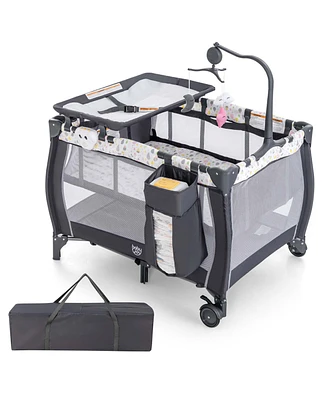 Costway Kids Portable Playard Nursery Center Crib with Hanging Toys & Music Box Unisex 0-3 Years