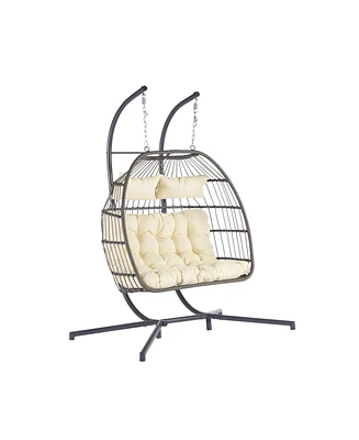 2 Person Outdoor Rattan Hanging Chair Patio Wicker Egg Chair