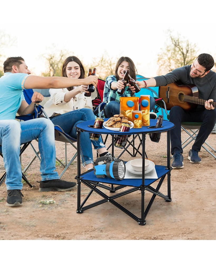 Gymax 2-Tier Foldable Camping Table with Carrying Bag 4 Cup Holders for Bbq Camping