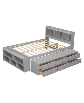 Full Bed With Bookcase Headboard, Under Bed Storage Drawers And Bed End Storage Case, Grey