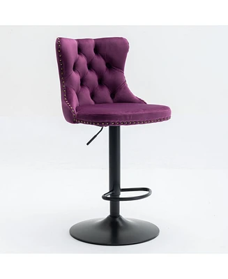 Swivel Velvet Barstools, Adjustable Height, Purple (Set of 2