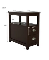 End Table Narrow Nightstand With Two Drawers And Open Shelf-Brown