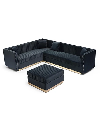 Modern Black Velvet Sectional Sofa with Ottoman