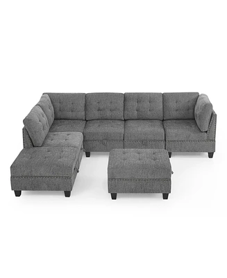 Modular L-Shaped Sectional Sofa Set, Grey Chenille
