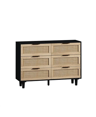 43.31" 6-Drawers Rattan Storage Cabinet Rattan Drawer, For Bedroom, Living Room, Black