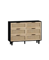 43.31" 6-Drawers Rattan Storage Cabinet Rattan Drawer, For Bedroom, Living Room, Black