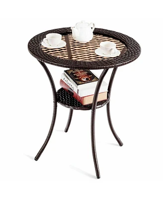 Gymax 25.5'' Pe Wicker Patio Bistro Table Round Coffee Table w/ Tempered Glass Top Outdoor
