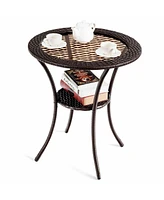 Gymax 25.5'' Pe Wicker Patio Bistro Table Round Coffee Table w/ Tempered Glass Top Outdoor