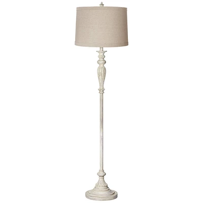 Traditional Vintage like Shabby Chic Standing Floor Lamp 60" Tall Antique White Washed Natural Linen Fabric Tapered Drum Shade Decor for Living R