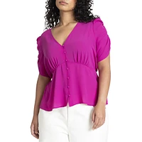 Eloquii Women's Shirred Sleeve Top With Buttons