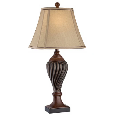 Regency Hill Traditional Style Table Lamp 28.5" Tall Carved Two Tone Brown Urn Shaped Ball Beige Fabric Rectangular Shade for Living Room Bedroom Hous