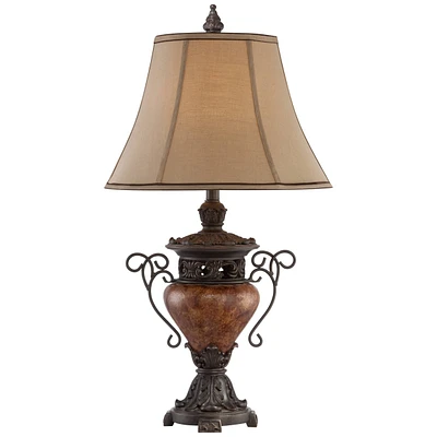 Rustic Country Cottage Traditional Urn Table Lamp with Table Top Dimmer 31.5" Tall Bronze Finish Bell Shade for Living Room Bedroom House Bedside