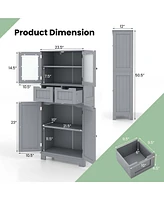 Bathroom Floor Storage Cabinet Kitchen Cupboard with 2 Drawers & Glass Doors