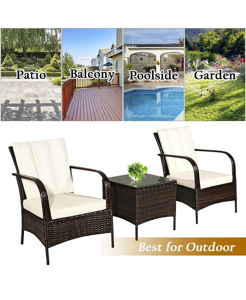 3 Pcs Patio Rattan Furniture Set Coffee Table & 2 Rattan Chair