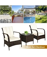 3 Pcs Patio Rattan Furniture Set Coffee Table & 2 Rattan Chair