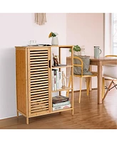 Bathroom Cabinet Bamboo Storage Floor Cabinet w/ Single Door & 3 Open Shelves