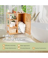 Bathroom Cabinet Bamboo Storage Floor Cabinet w/ Single Door & 3 Open Shelves