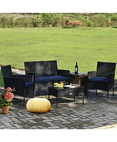 4PCS Patio Rattan Furniture Set Cushioned Sofa Coffee Table Backyard