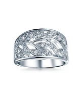 Bling Jewelry Pave Cubic Zirconia Open Filigree Wide Leaves Leaf Band Ring Sterling Silver