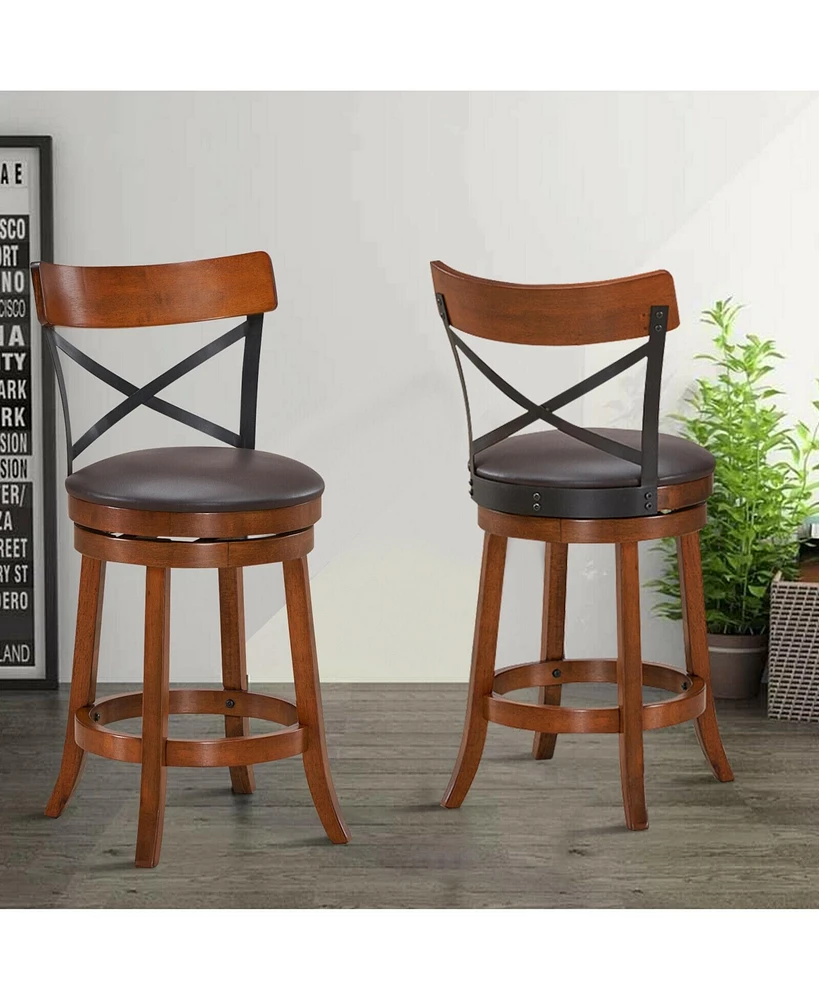 Sugift Set of 2 Bar Stools 360-Degree Swivel Dining Bar Chairs with Rubber Wood Legs