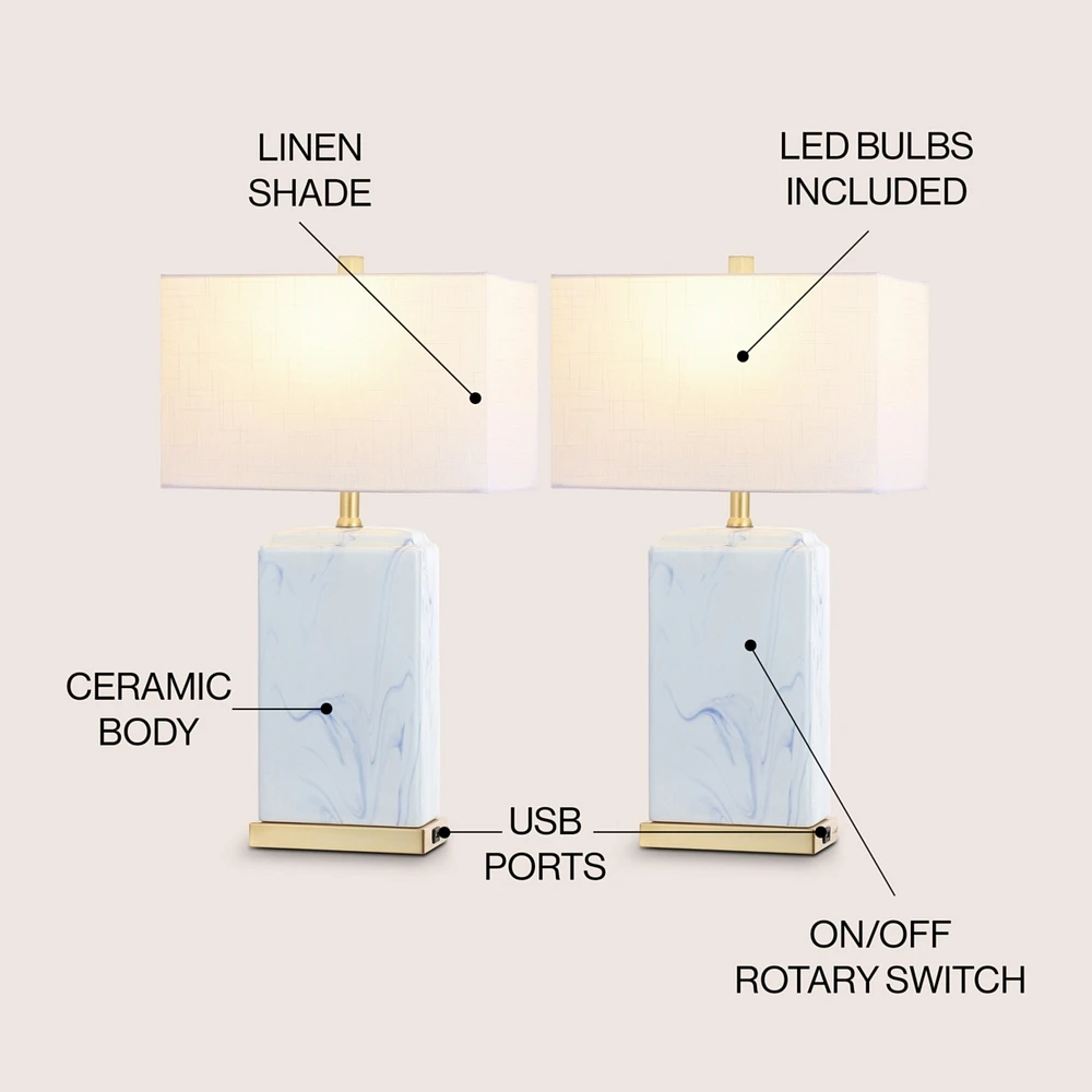 Jonathan Y Chloe 24.5" Modern Coastal Iron/Marbled Ceramic Led Table Lamp with Usb Charging Port, Blue/White (Set of 2)