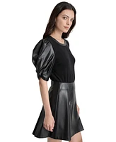 Dkny Women's Faux-Leather Puff-Sleeve Blouse
