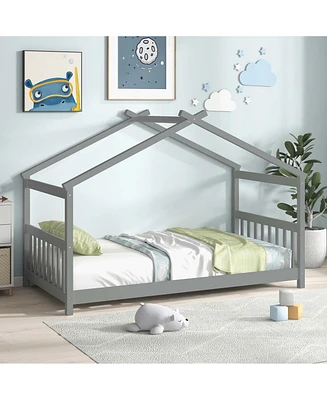 Twin Size House Bed with Roof Wooden Low Floor Bed No Box Spring Needed