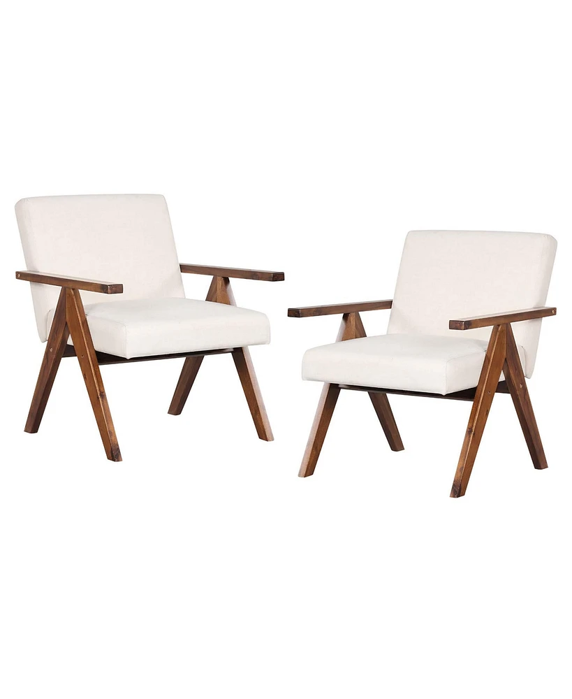 2 Pcs Modern Accent Chair Linen Fabric Armchair with Solid Acacia Wood Frame