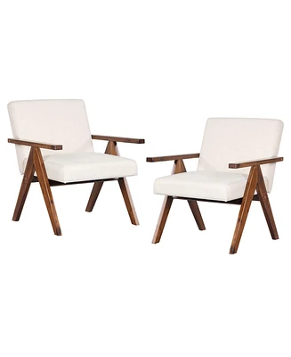 2 Pcs Modern Accent Chair Linen Fabric Armchair with Solid Acacia Wood Frame