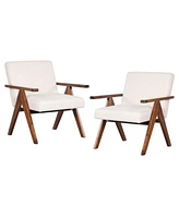 2 Pcs Modern Accent Chair Linen Fabric Armchair with Solid Acacia Wood Frame