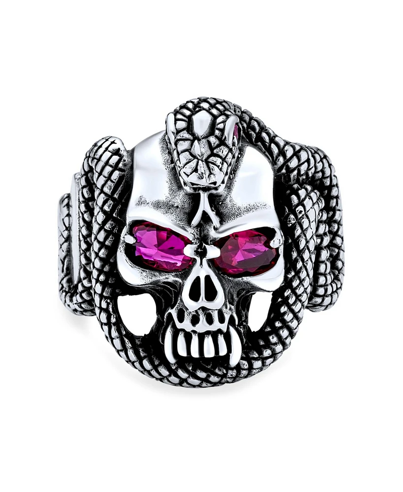 Bling Jewelry Large Biker Halloween Devil Gothic Pirate Day Of Dead Red Cz Eyes Serpent Snake Skull Head Ring Oxidized Sterling Silver