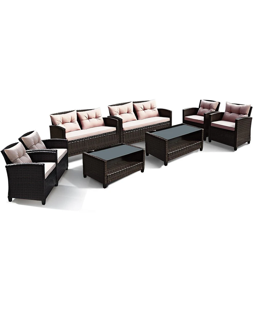 8PCS Outdoor Rattan Furniture Set Cushioned Sofa Armrest Table
