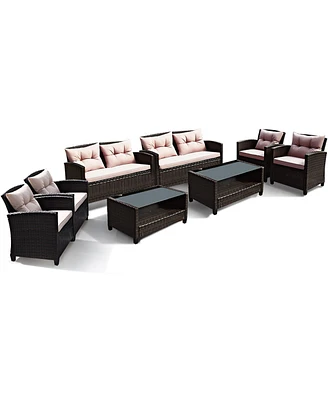 8PCS Outdoor Rattan Furniture Set Cushioned Sofa Armrest Table