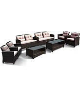8PCS Outdoor Rattan Furniture Set Cushioned Sofa Armrest Table