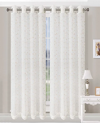 Superior Traditional Embroidered Delicate Flower Farmhouse Sheer Grommet 2-Piece Curtain Panel Set with Header Top