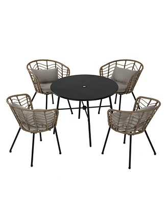 Mondawe 5 Piece Metal Outdoor Seating Set Wicker Rattan Dining Set with Gray Cushion for Backyard