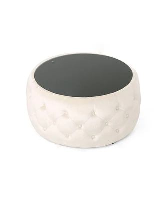 Modern Glam Velvet Ottoman with Button-Tufted Stitch and Glass Top
