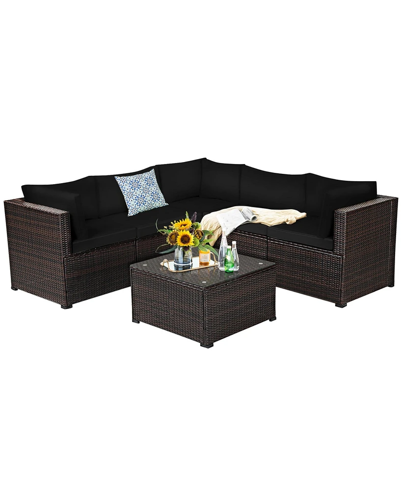6PCS Patio Rattan Furniture Set Sectional Cushioned Sofa Deck