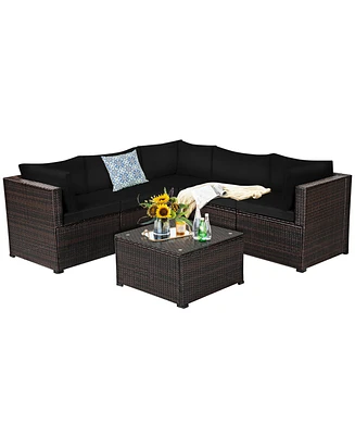 6PCS Patio Rattan Furniture Set Sectional Cushioned Sofa Deck