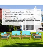 8PCS Patio Rattan Furniture Set Acacia Wood Cushioned Sofa
