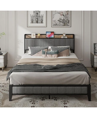 Queen Size Bed Frame With Charging Station, Upholstered Headboard, Metal Platform, Grey