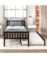 Twin Bed with Trundle, Platform Bed Frame with Headboard and Footboard, for Bedroom Small Living Space, No Box Spring Needed, Espresso