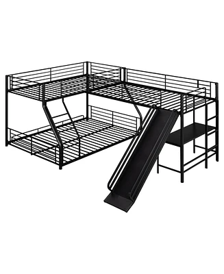 L-Shaped Twin Over Full Bunk Bed With Twin Size Loft Bed, Built-In Desk And Slide