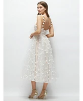 Dessy Collection Women's 3D Floral Embroidered Little White Midi Dress with Nude Corset Underlay