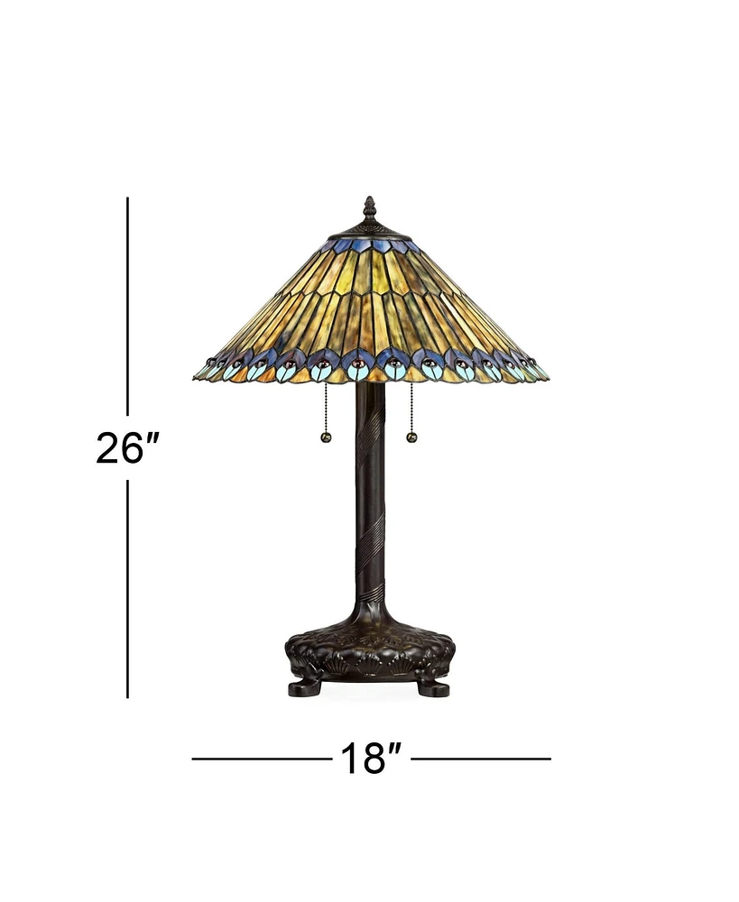 Traditional Tiffany Style Table Lamp 26" High Antique Sculptural Dark Bronze Peacock Antique Art Glass Shade for Living Room Bedroom House Bedside Nig